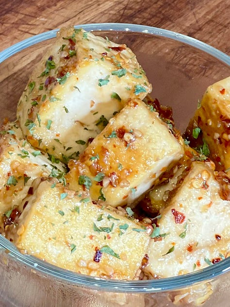 Bowl of Bowtie Pasta, Bowl of Honey Garlic Tofu, Pot of Red Rice and Beans