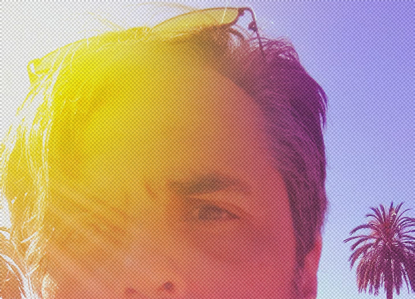 A purple and gold halftone closeup up of my face from the nose up, a concern in my eyes against the purple and gold backdrop of palm-tree-lined Barcelona.