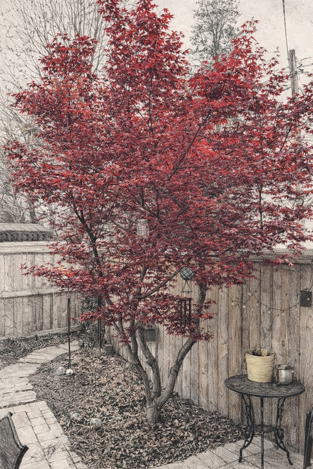 Alt text: Pencil-style sketch of a backyard scene with a Japanese maple tree rendered in vivid red leaves, while the rest of the garden—wooden fence, stone path, and small table—is in grayscale, creating a soft, hand-drawn contrast.