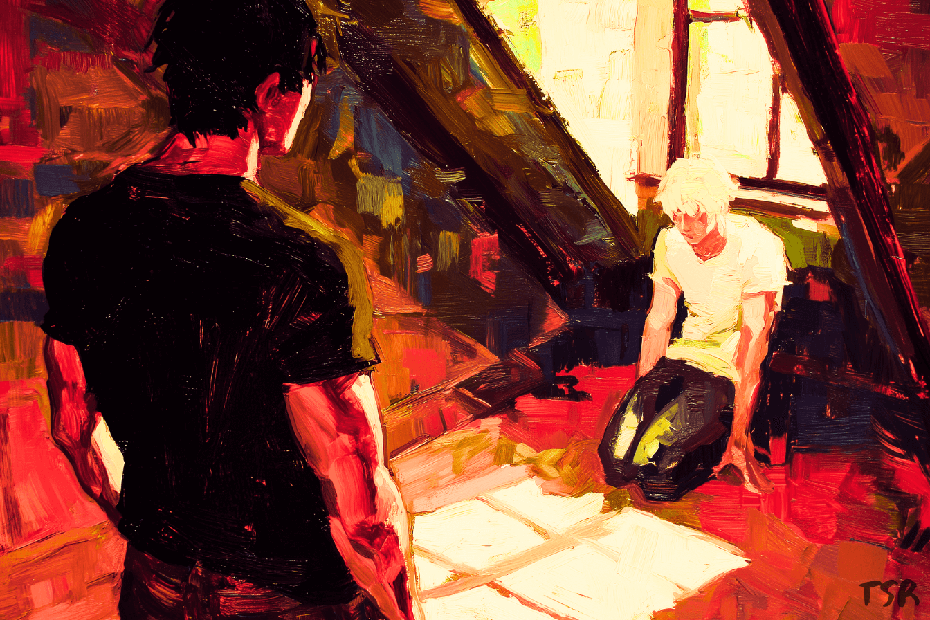 A young blonde man in a white T-shirt kneels on the attic floor, while his dark-haired male friend, in a black T-shirt, stands before him, looking down, watching him carefully.