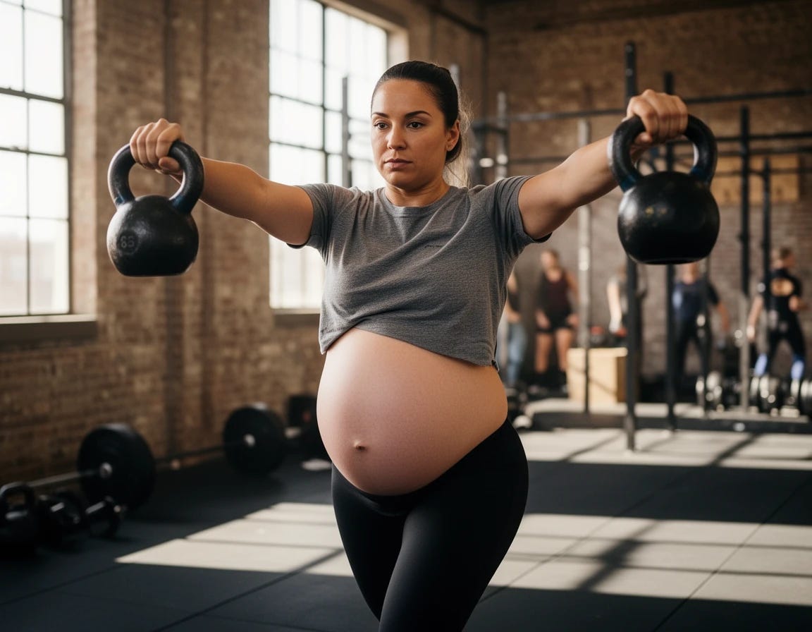 Pregnant woman with cut off t shirt doing circuit training with kettlebells at crossfit gym
