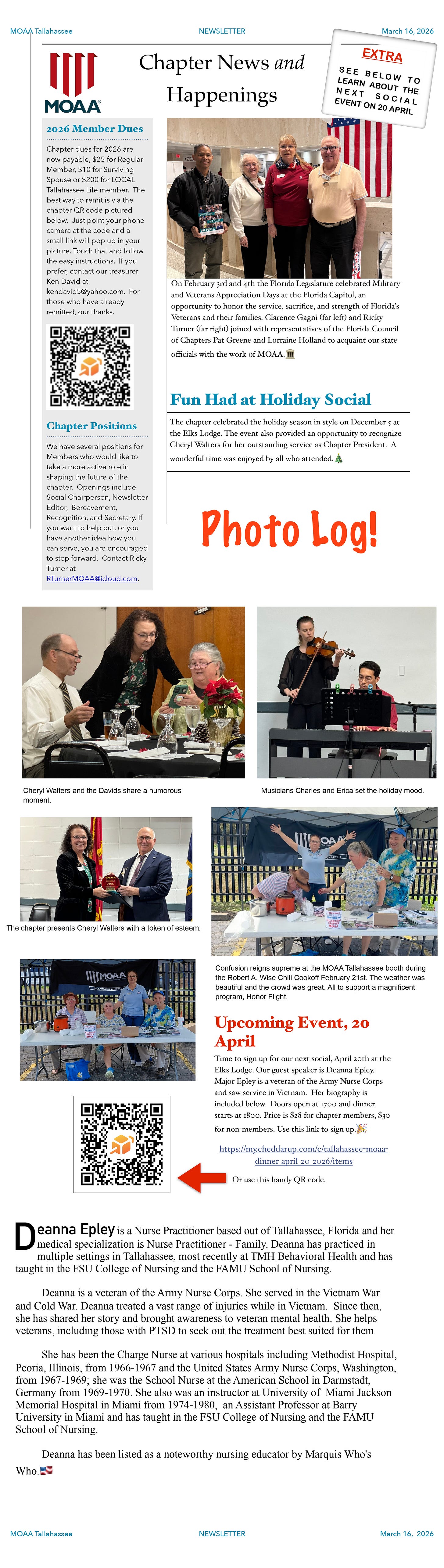 A MOAA Tallahassee newsletter page titled “Chapter News and Happenings” (dated March 16, 2026) with the MOAA logo, a sidebar about 2026 member dues and chapter positions with QR codes, and a note promoting an “Upcoming Event, 20 April.” The page includes photos of chapter members at the Florida Legislature in front of an American flag, scenes from a holiday social (people talking at a banquet table, a violinist and a keyboard player performing), a presentation photo, and a booth scene under a MOAA banner. A large “Photo Log!” headline and an “EXTRA” callout invite readers to learn about the next social event on 20 April, followed by a biography section about guest speaker Deanna Epley.