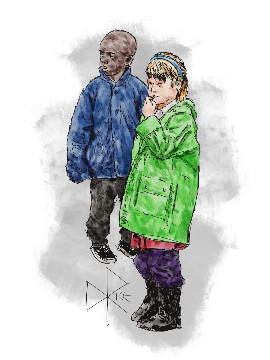 Two children stand together in outdoor clothes, enjoying their day as they participate in a field trip organized by their school. Sketch art by Don Rice.