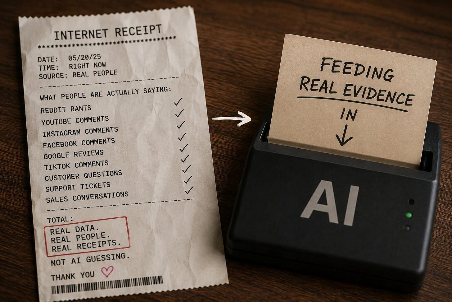 May be a graphic of text that says 'INTERNET RECEIPT ..*/" DATE:05/20/25 DATE: 05/20/25 TIME: RIGHT NOW SOURCE: REAL PEOPLE WHAT PEOPLE ARE ACTUALLY SAYING: REDDIT RANTS YOUTUBE COMMENTS INSTAGRAM COMMENTS COMMENTS GOOGLE REVIEWS TIKTK COMMENTS CUSTOMER QUESTIONS SUPPORT TICKETS SALES CONVERSATIONS REAL EVIDENCE FEEDING IN TOTAL: REAL DATA. REAL PEOPLE REAL RECEIPTS. NOT AI GUESSING. THANK YOU AI'