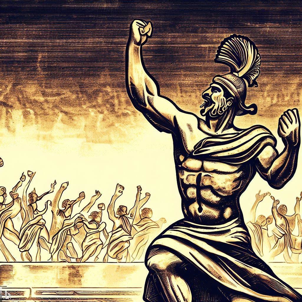 A greek god cheering on a competition, in the style of ancient Greek art