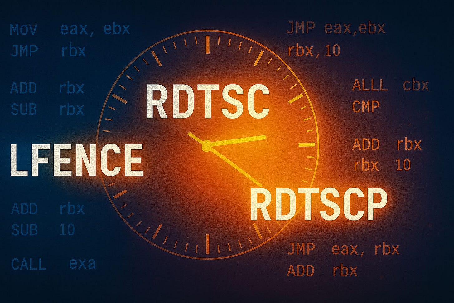Cover image: Depicting rdtsc, lfence and rdtscp instruction with a backdrop of a clock