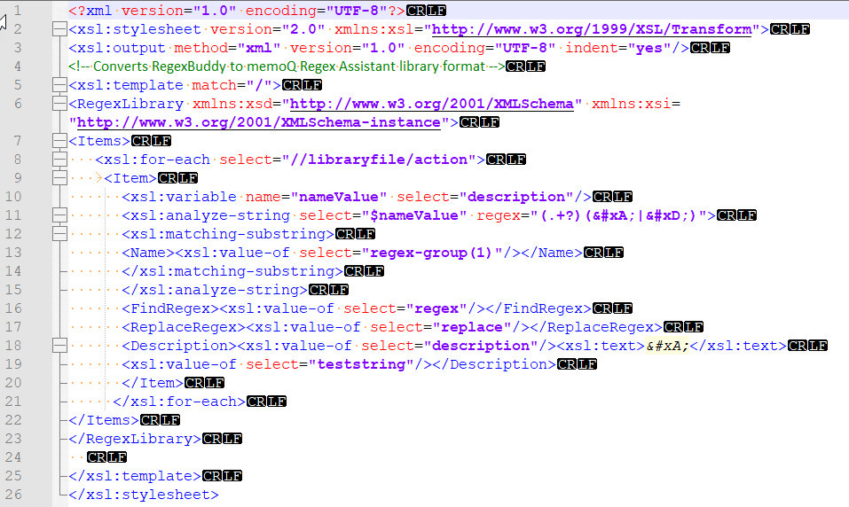 Draft XSL 2.0 script for converting RegexBuddy library records to the memoQ Regex Assistant XML exchange format