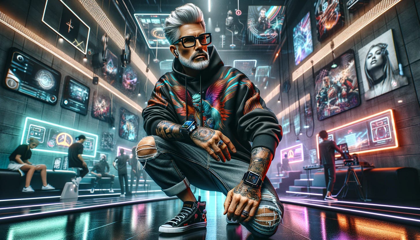 An ultra-hip, middle-aged man with designer glasses, exuding a cool, avant-garde vibe in a dynamic, ultra-modern space. He's sporting the latest streetwear fashion trends, including a bold graphic hoodie, ripped jeans, and limited-edition sneakers. His hairstyle is trendy, with a touch of sophistication. The room buzzes with the latest tech innovations, including virtual reality gear and a state-of-the-art sound system. Neon lights and graffiti art adorn the walls, reflecting a fusion of urban and high-tech aesthetics. He's confidently posing with a smartwatch and wireless earbuds, surrounded by screens displaying the newest trends in digital art, music, and urban culture. An ultra-hip, middle-aged man with designer glasses, exuding a cool, avant-garde vibe in a dynamic, ultra-modern space. He's sporting the latest streetwear fashion trends, including a bold graphic hoodie, ripped jeans, and limited-edition sneakers. His hairstyle is trendy, with a touch of sophistication. The room buzzes with the latest tech innovations, including virtual reality gear and a state-of-the-art sound system. Neon lights and graffiti art adorn the walls, reflecting a fusion of urban and high-tech aesthetics. He's confidently posing with a smartwatch and wireless earbuds, surrounded by screens displaying the newest trends in digital art, music, and urban culture.