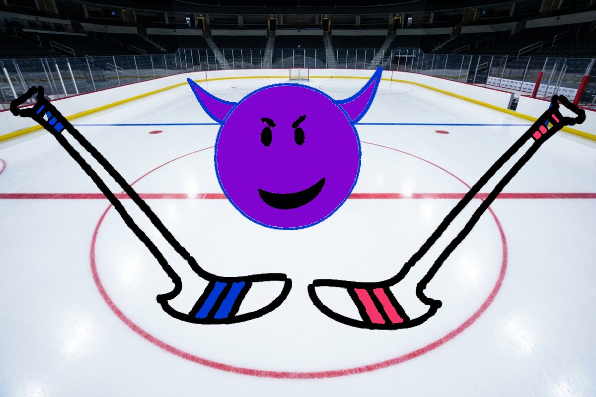 A digital collage showing an empty hockey rink with a hand-drawn illustration overlaid: two hockey sticks angled inward for a faceoff beneath a smiling purple devil face.