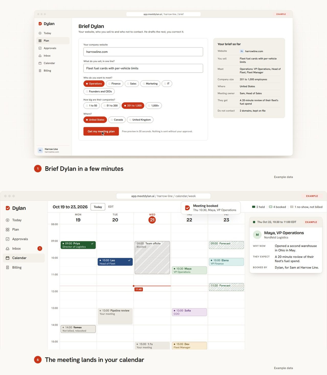 Two screens from Dylan's demo film: the brief, with website, buyers and company size, and the calendar with a booked meeting, all example data Two screens from Dylan's demo film: the brief, with website, buyers and company size, and the calendar with a booked meeting, all example data