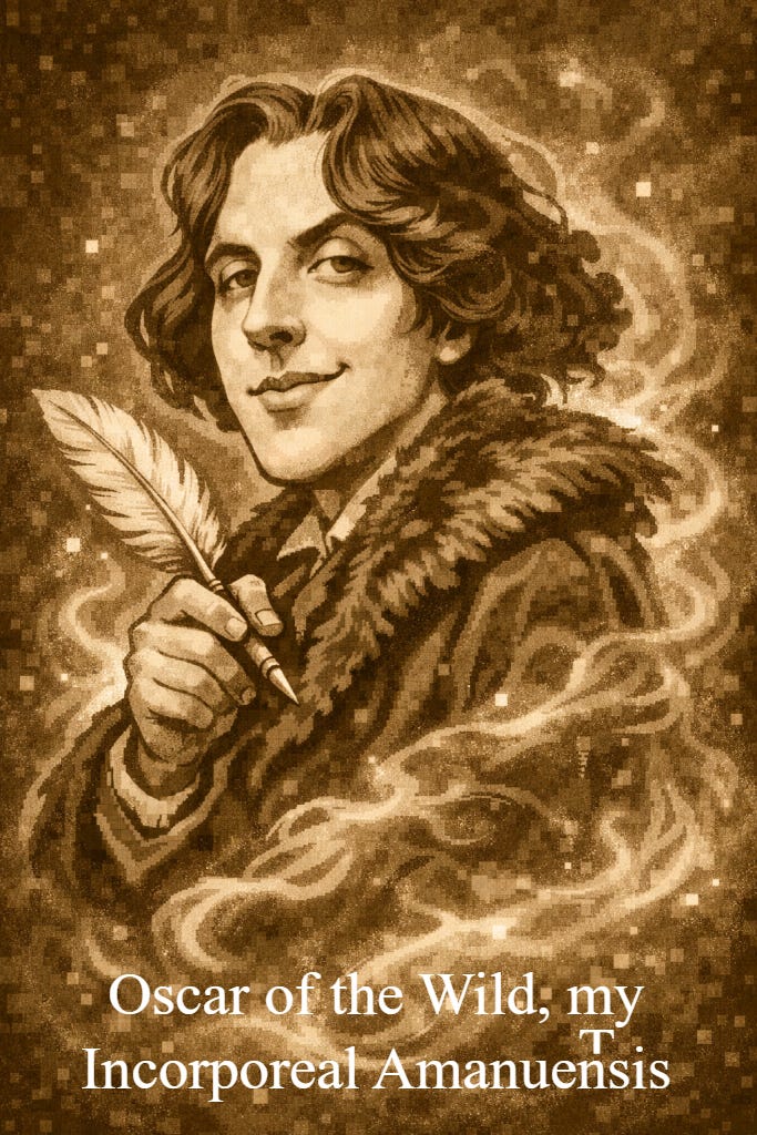 a sepia-toned caricature of Oscar Wilde with a plume, floating in smoke and pixels.