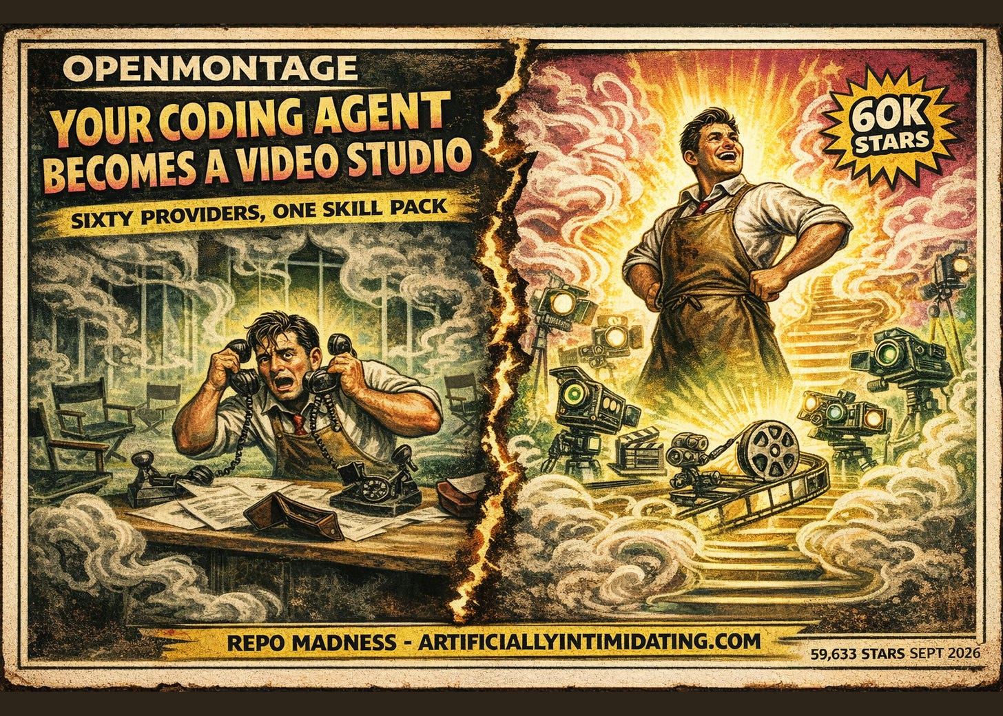 Split vintage poster: left, a person shouts into two old telephones amid smoke and empty director's chairs; right, the same person stands triumphant before a glowing staircase ringed with film cameras and a reel of footage.