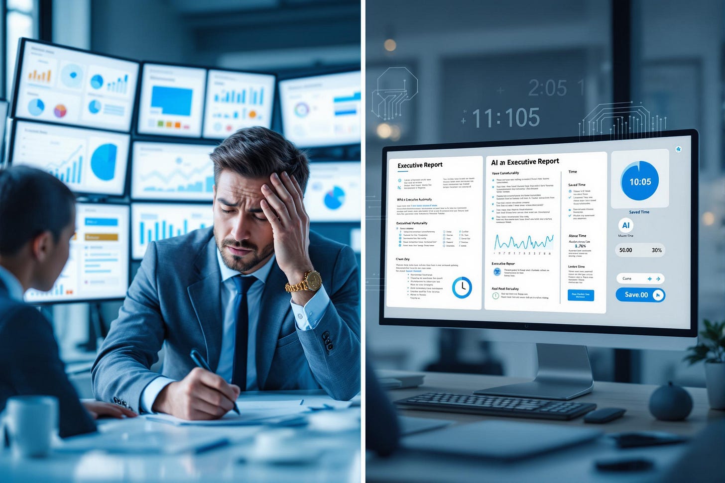 A professional looking split-screen image. On the left side: a stressed business professional surrounded by multiple dashboard screens with charts, graphs, and data visualizations, looking overwhelmed while writing notes. On the right side: the same person looking relaxed and confident at a single screen showing a neatly formatted executive report being generated automatically with an AI assistant icon in the corner. Include a clock showing saved time. Use a clean, modern business aesthetic with blue and white color scheme. The transformation should be clear - from manual dashboard analysis to automated reporting. Add subtle AI-themed elements like clean wireframe graphics or circuit patterns in the background of the right panel.