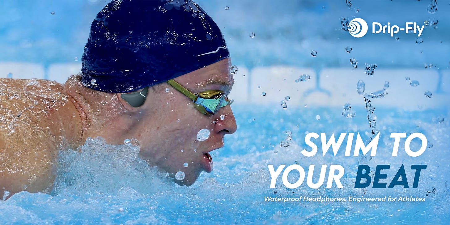 a swimmer wearing drip-fly open ear bone conduction headphones during his lap