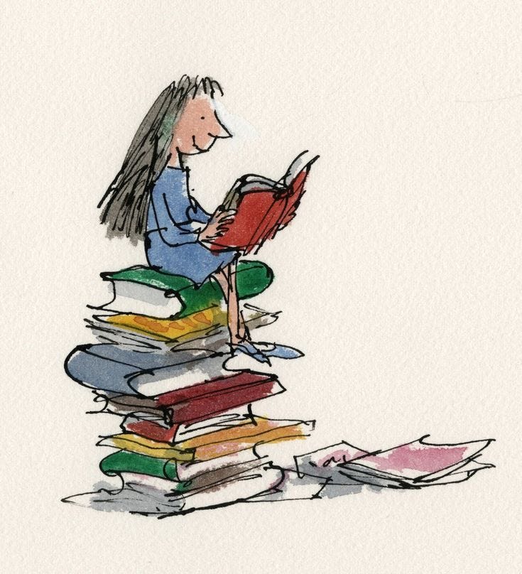 This may contain: a drawing of a woman sitting on top of a stack of books with her legs crossed