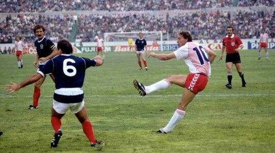 Scotland 0 Denmark 1 in 1986 in Nezahualcoyotl. Preben Elkjaer Larsen  scores for Denmark on 57 minutes in Group E at the World Cup Finals.