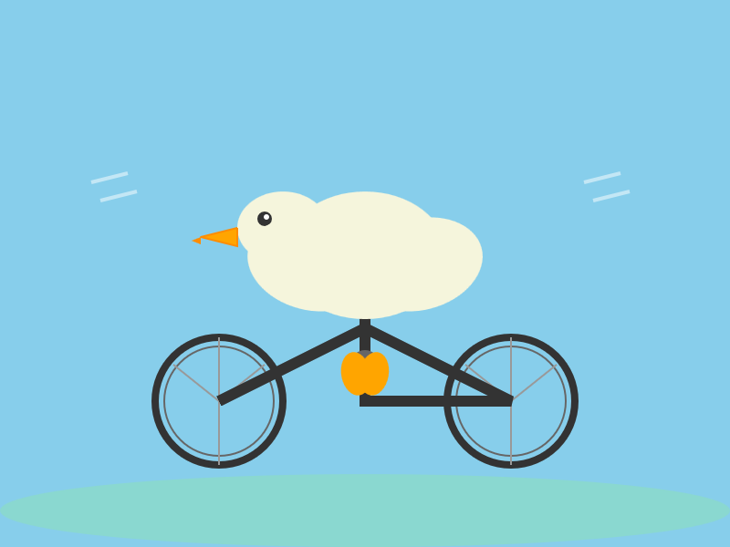 Blue background, pelican looks like a cloud with an orange bike, bicycle is recognizable as a bicycle if not quite the right geometry.