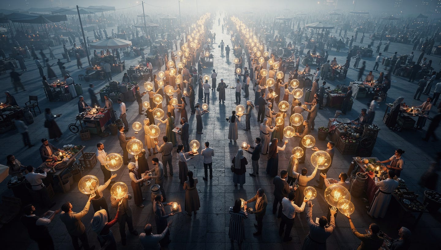 Photorealistic editorial illustration, a vast open marketplace at dawn, hundreds of buyer and seller figures flowing seamlessly toward each other like a river of light, transactions represented as glowing golden orbs passing between hands, the crowd is dense and fluid, creating a sense of constant movement and energy, dramatic overhead perspective, deep blue and amber tones, cinematic lighting, financial magazine cover style, no text, no watermarks, 16:9