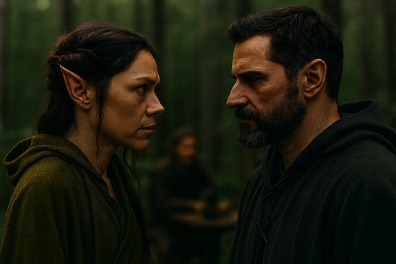 Silverleaf, visually based on Tatiana Maslany with elven features, confronts Fleetwood, visually based on Richard Armitage as a human with a beard. They stand in a misty forest clearing, firelight flickering from a nearby campfire casting long shadows. Silverleaf's expression is sharp, her elven features tense with emotion, one hand resting on the hilt of her blade. Fleetwood stands firm, jaw clenched, eyes locked with hers, a crumpled letter from Lady Wachter in his fist. The atmosphere is charged, intimate, and cinematic—two allies on the edge of conflict.