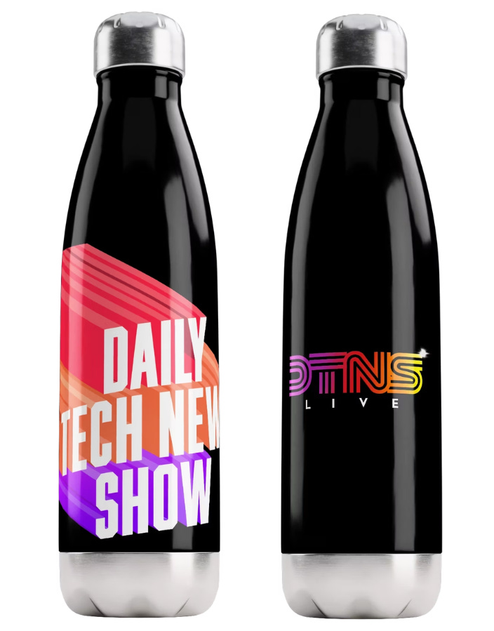 Two thermos water bottles each with a different DTNS logo style.