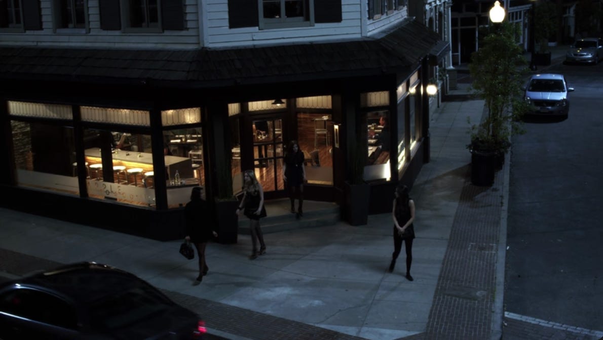 Emily,Aria,Hanna, and Spencer leave the grill, going in different directions