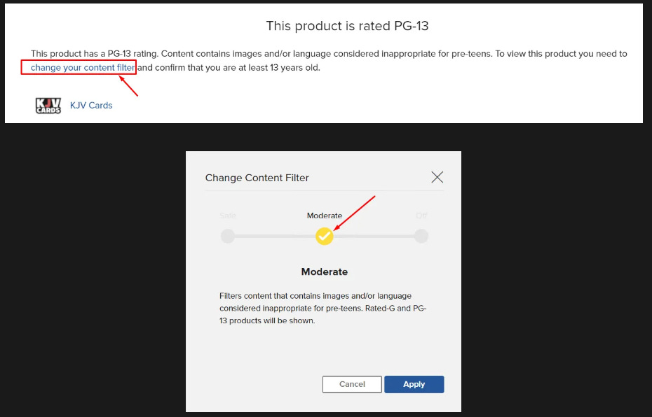 Instructions for changing product moderation settings, on Zazzle, for KJV Cards products