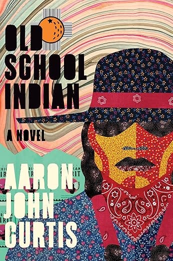 An illustrated portrait of a Native American man wearing a black hat and red bandanna states ahead with a multi-color background.