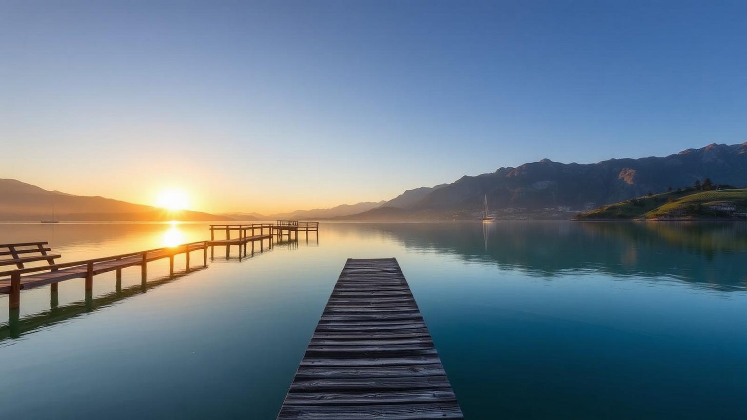 A wooden pier extending into the calm turquoise waters of Lake Constance at sunrise with Alpine mountains in the distance