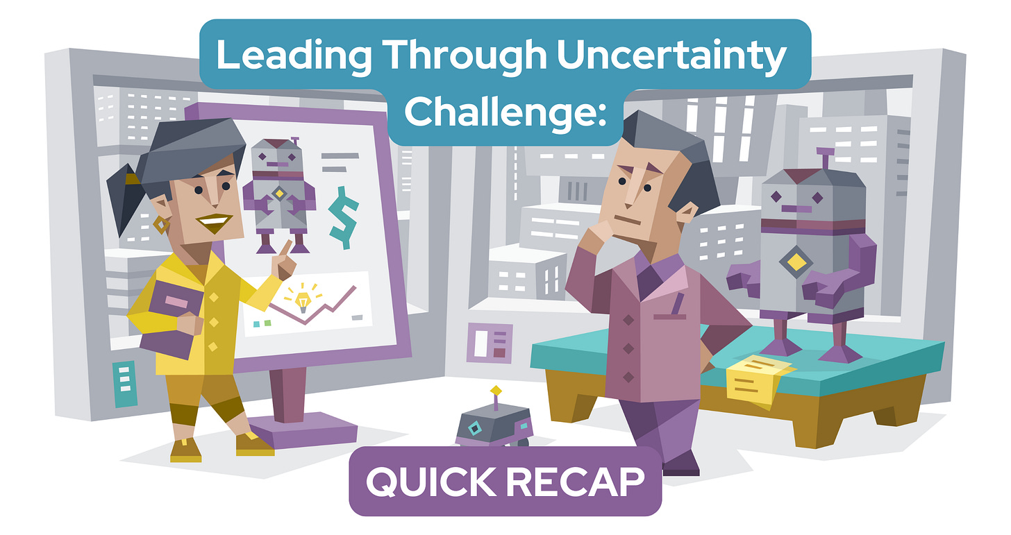 A woman presents designs for a robot on a large screen, while a man stands nearby beside a prototype of the robot, deep in thought. Text reads: Leading Through Uncertainty Challenge: Quick Recap.