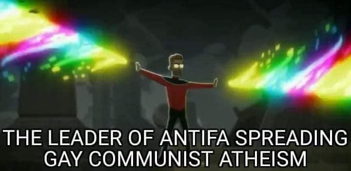 Cartoon of superhero with glowing eyes holding hands out to the sides, with rainbow lasers coming from both hands. Caption: The leader of antifa spreading gay communist atheism.
