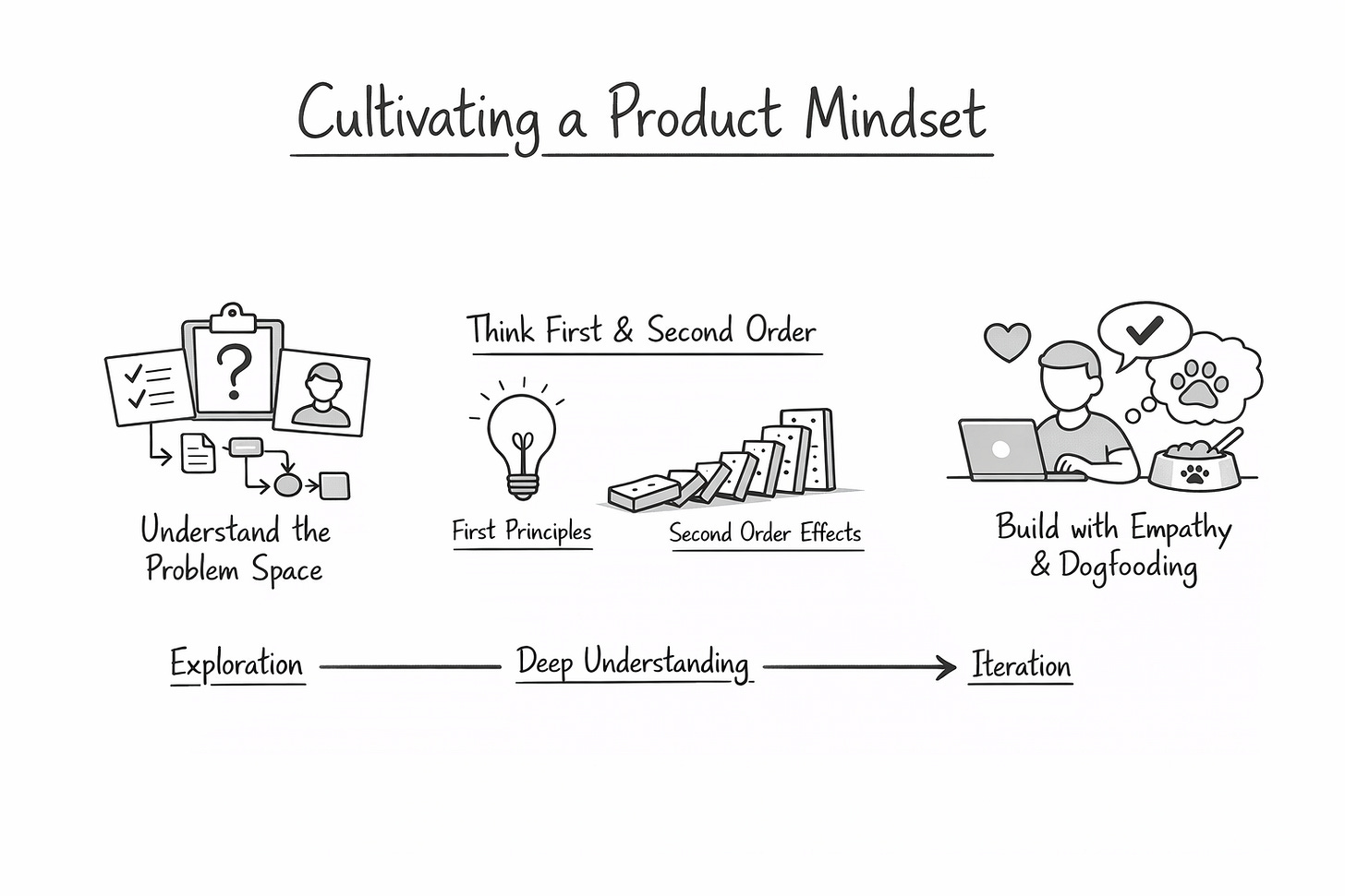 Diagram that depicts the software development process when cultivating a product mindset. The first figure describes understanding the problem space. An arrow points to using mental models to have a deep understanding of the problem. Finally, we build the product with user empathy in mind.