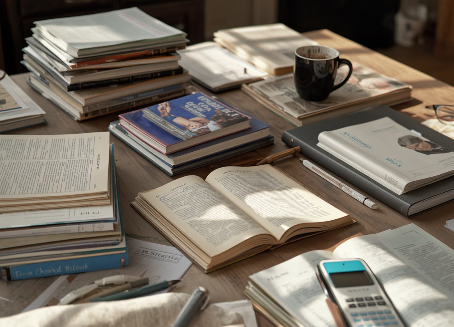 A homeschool table filled with too many books and supplies.