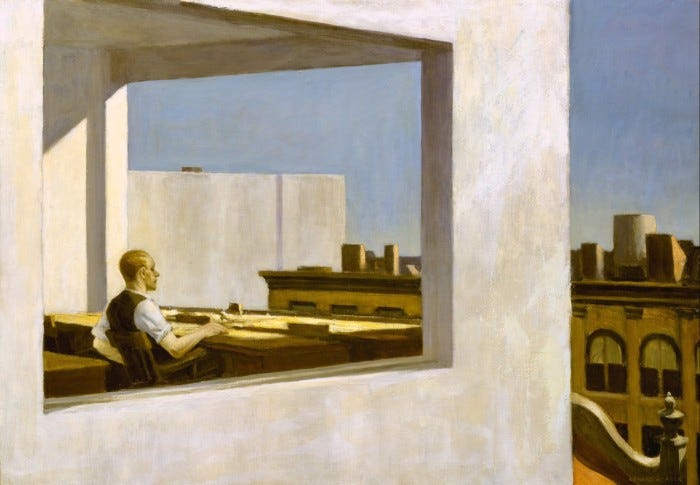 Oil painting of a man looking out of a large office window at a row of terraced houses