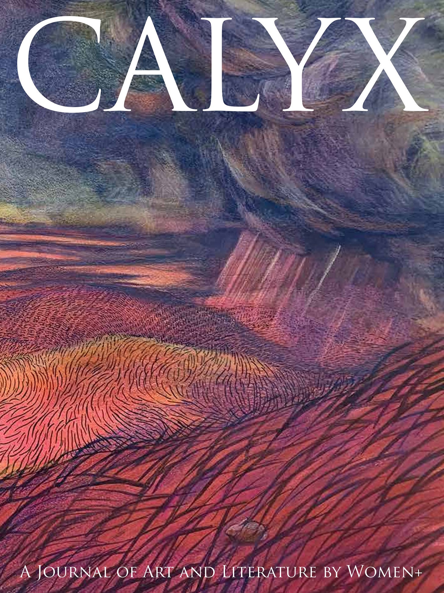 Cover of the latest edition of CALYX with a painting featuring fields and a stormy sky.
