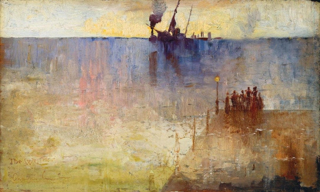 Australian Impressionist painting featuring a crowd of onlookers standing on a jetty and watching a ship founder in the distance.