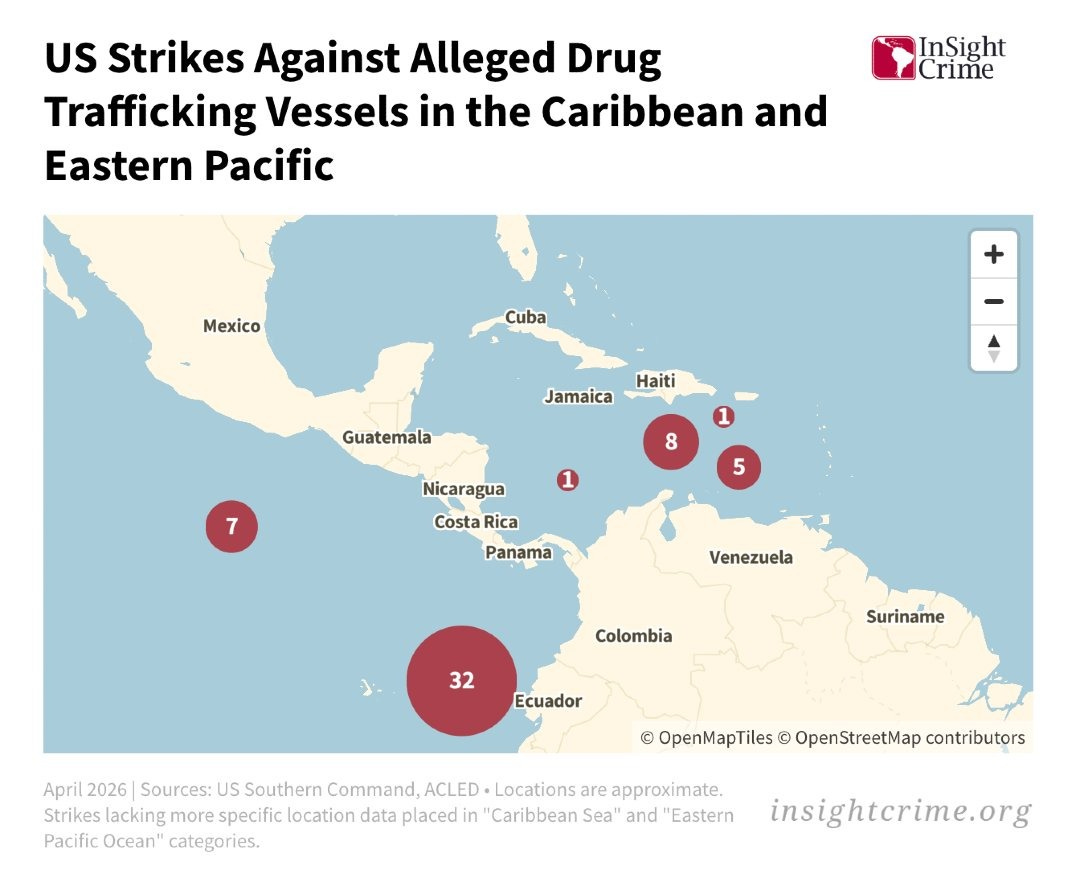 Map of US strikes against suspected drug trafficking boats in the Caribbean and Eastern Pacific