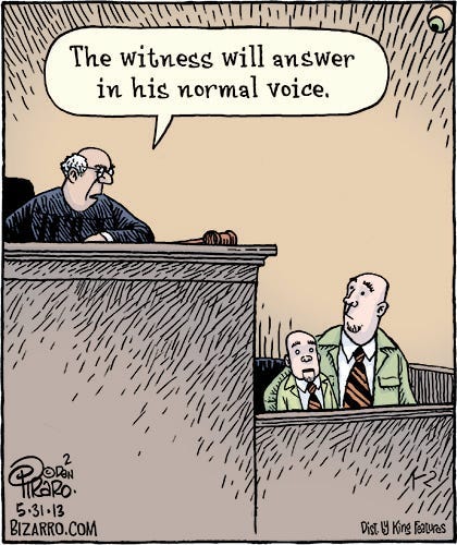 A comic of a courtroom. The judge angrily says to the person in the witness box, “The witness will answer in his own voice.” The witness sits in the box with a ventriloquist’s dummy on his knee that looks identical to him.
