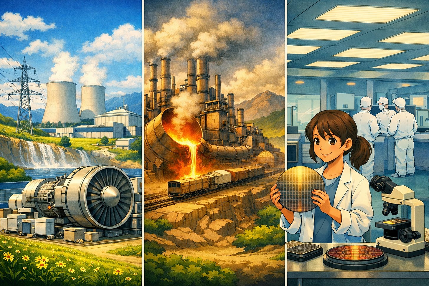 Studio Ghibli-style 1600x800 illustration showing three panels focused on power generation (no windmills), heavy industry, and semiconductor manufacturing