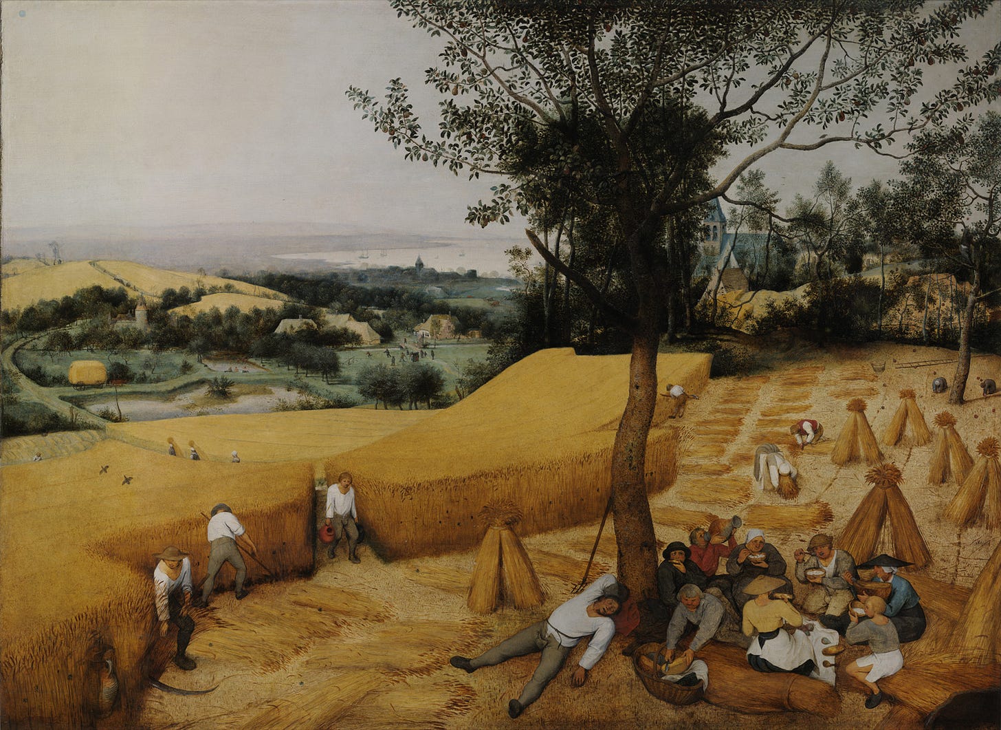 Oil painting on wood. Some people are under a tree eating bread and cheese or napping while a few men are cutting with scythes at the edge of a field of ripe golden wheat. Looking downhill, in the distance are houses nestled among trees and a village green, and in the far distance a gray sea Oil painting on wood. Some people are under a tree eating bread and cheese or napping while a few men are cutting with scythes at the edge of a field of ripe golden wheat. Looking downhill, in the distance are houses nestled among trees and a village green, and in the far distance a gray sea