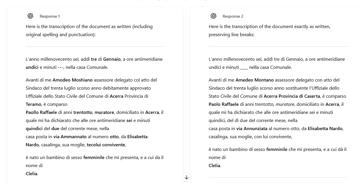 ChatGPT gave me two side-by-side transcriptions of the Italian record. It didn't do too bad.