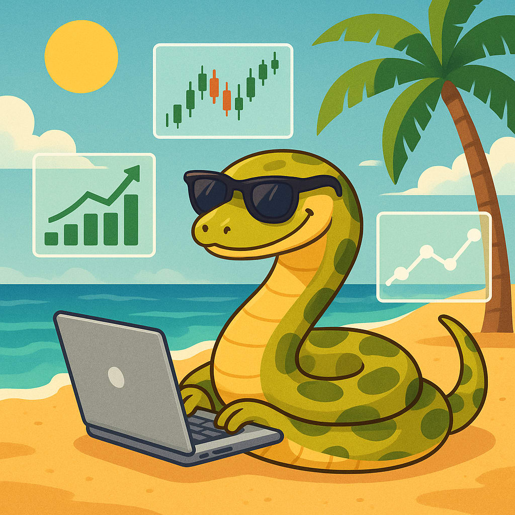 Python serpent codeur en vacances avec des graphiques financiers