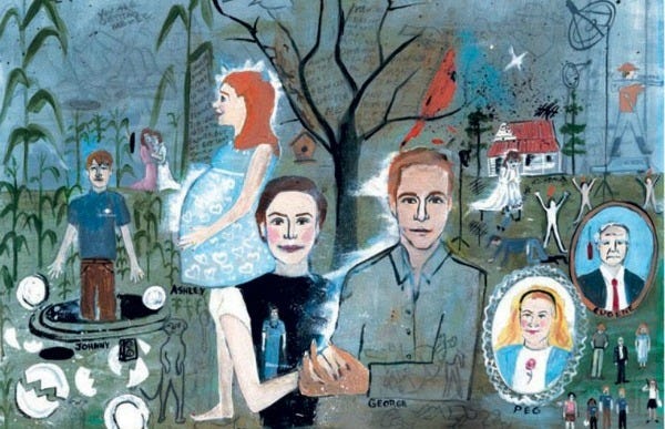 Promotion art for Junebug. Painted in the style of naive or outsider art, it depicts several of the film's characters against a backdrop of cornfields, civil war combatants, framed family photos, and enslaved Africans.
