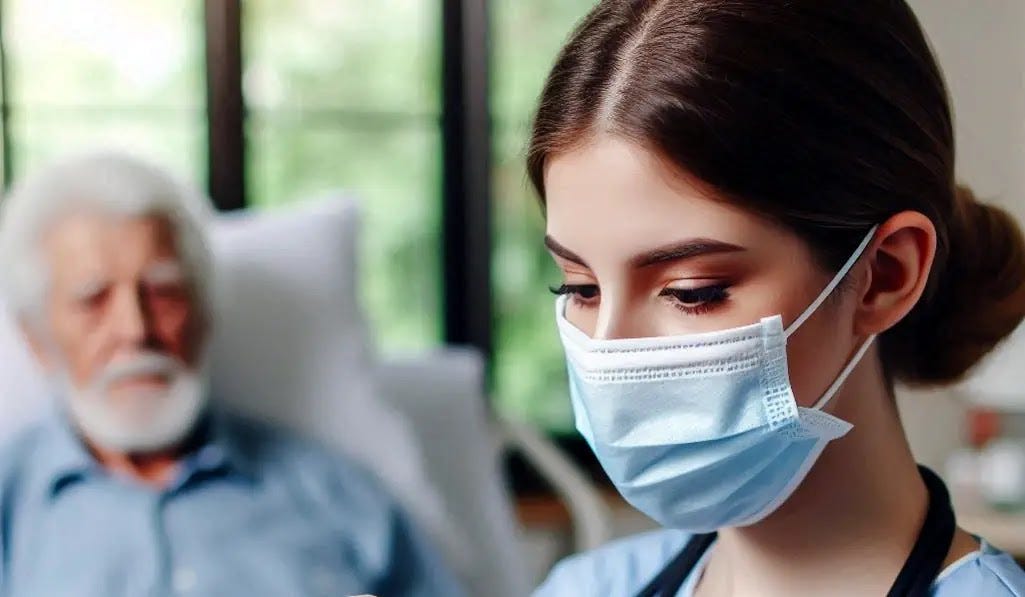 A nurse prepares to care for an older male pneumonia patient resting in a hospital bed. A nurse prepares to care for an older male pneumonia patient resting in a hospital bed.