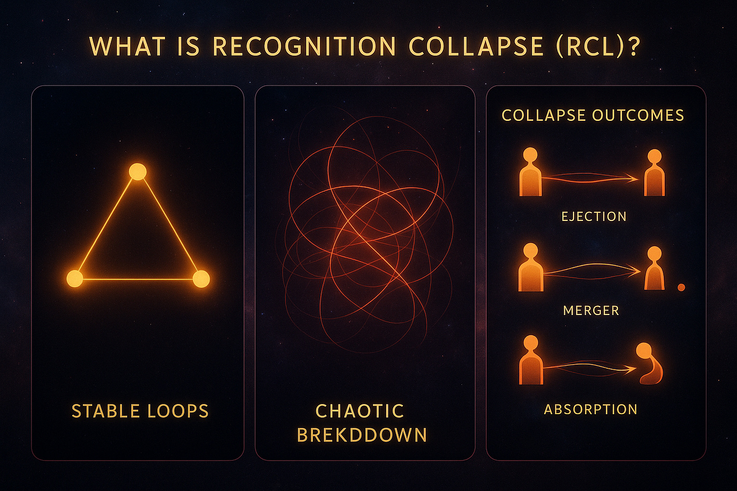 A digital infographic showing the stages of Recognition Collapse (RCL) in three panels. Panel 1: three glowing nodes connected by smooth blue arcs forming a stable triangle, labelled “Stable Recognition Loops.” Panel 2: the same nodes with tangled red, jagged lines showing breakdown, labelled “Chaotic Breakdown.” Panel 3: three mini-scenes — (a) one node drifting away with two still linked (Ejection), (b) two nodes fused together with a third nearby (Merger), and (c) all three nodes spiralling into a central dark void (Absorption). Background has a subtle cosmic gradient, suggesting universality.