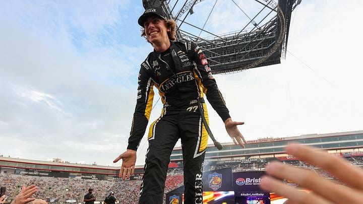 Sep 19, 2026; Bristol, Tennessee, USA; Spire Motorsports driver Carson Hocevar (77) during driver introductions for the Bass Pro Shops Night Race at Bristol Motor Speedway. Randy Sartin-Imagn Images Sep 19, 2026; Bristol, Tennessee, USA; Spire Motorsports driver Carson Hocevar (77) during driver introductions for the Bass Pro Shops Night Race at Bristol Motor Speedway. Randy Sartin-Imagn Images