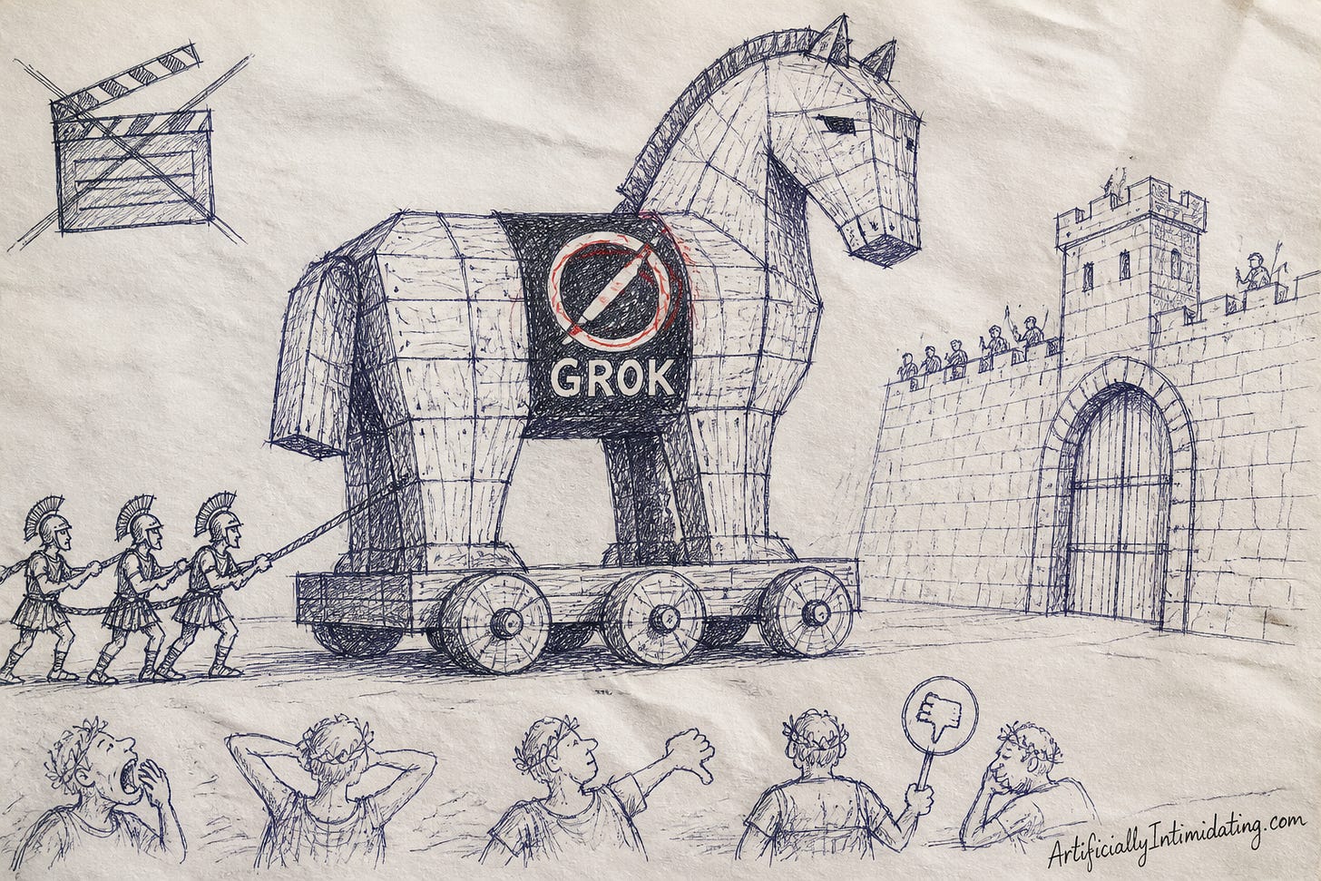 A cheap wooden Trojan horse wearing a GROK sash is hauled toward city gates by a few bored Greek soldiers while a small audience of spectators in the foreground yawns and gives thumbs-down, with a crossed-out clapperboard sketch in the corner.