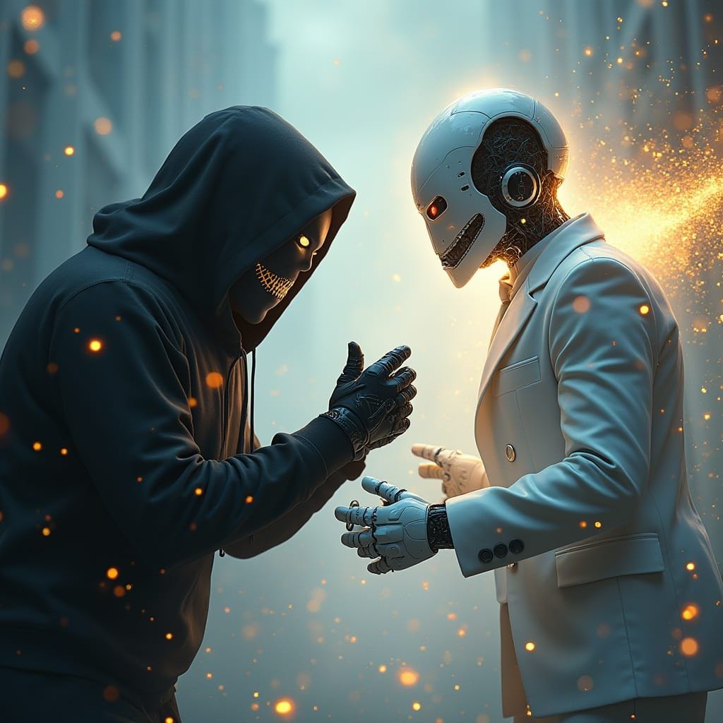 2 Characters in an epic duel. A Devious Twitter AI (Grok) wringing its hands while creating illusions for dark and nefar... 2 Characters in an epic duel. A Devious Twitter AI (Grok) wringing its hands while creating illusions for dark and nefar...