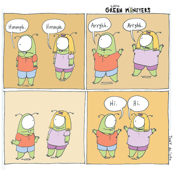 Gene looks away and says, “Hmmph.” Mabel looks the same way and says, “Hmmph.” Gene throws up his arms and says, “Arrghh.” Mabel also throws up her arms and says, “Arrghh.” Gene looks at Mabel and shrugs. Mabel smiles. Gene opens his arms and says, “Hi.” Mabel also opens her arms and says, “Hi.”