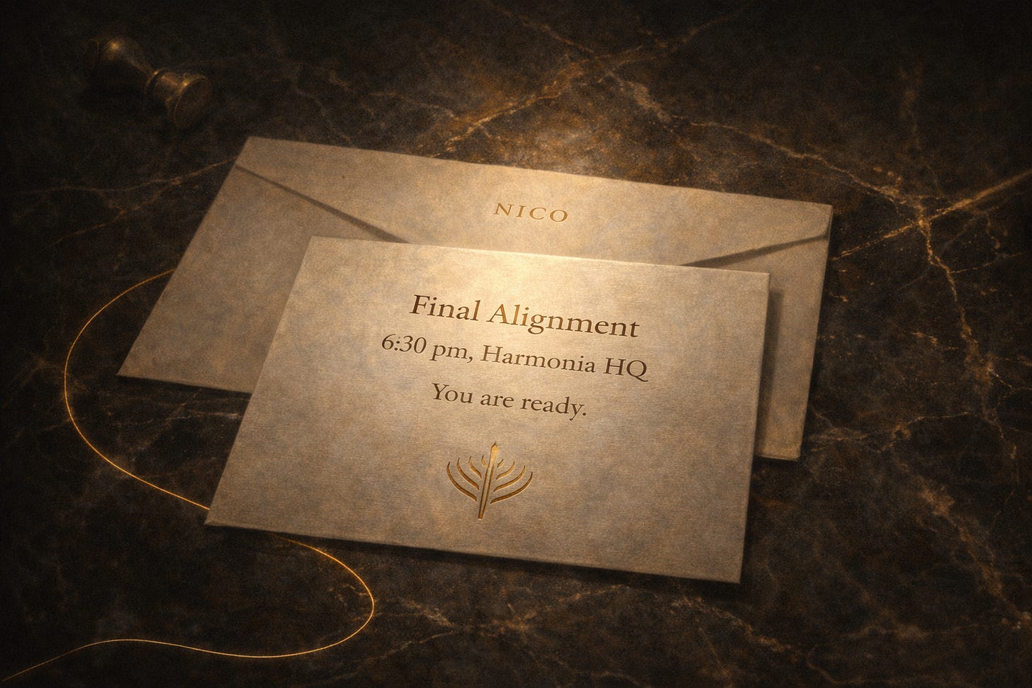 Oil-painted invitation card on dark marble reading “Final Alignment, 6:30 pm, Harmonia HQ — You are ready,” with a subtle gold sigil at the bottom and a thin golden thread curling across the surface under warm, dramatic light.