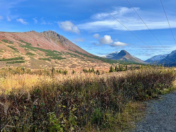 Mountain slopes, tundra turning red and gold, snow on tops of mountains along a pebble path